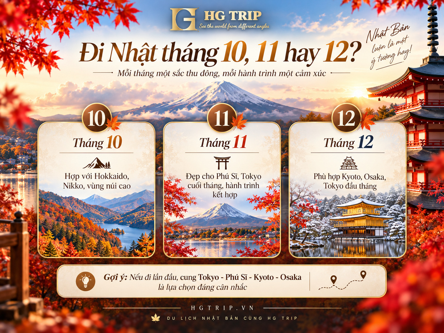 So sánh thời điểm du lịch Nhật Bản tháng 10, tháng 11 và tháng 12 vào mùa thu