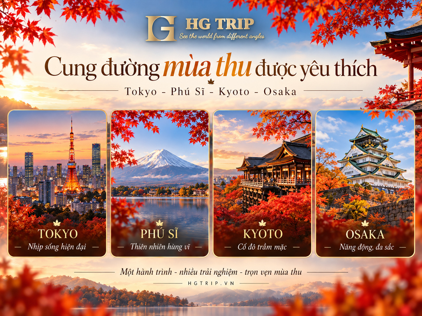 Bản đồ và dự báo lịch lá đỏ Nhật Bản 2026 tại Hokkaido, Nikko, Fuji, Tokyo, Kyoto và Osaka